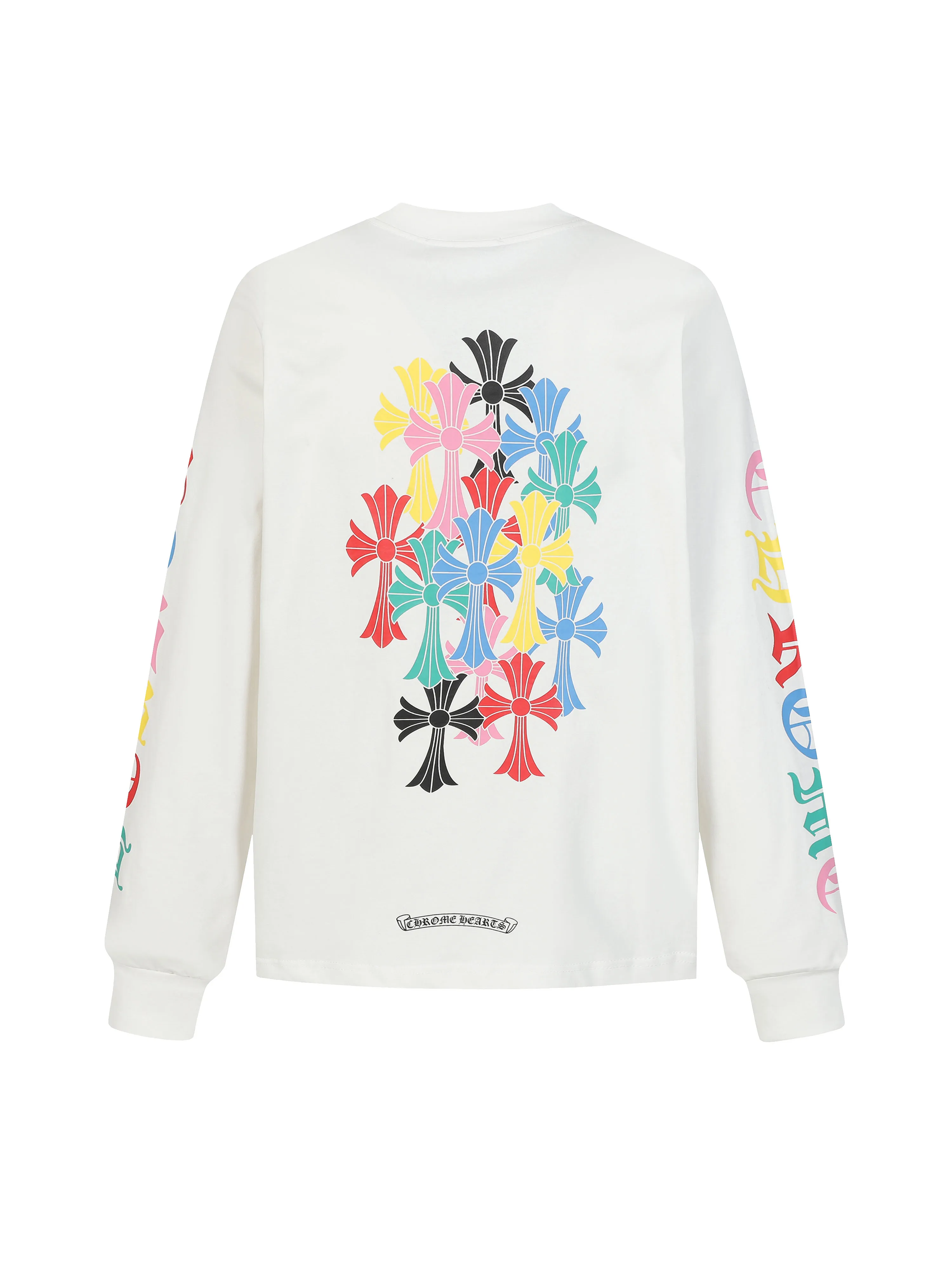 🅿️260 Come Hearts/Cro Hearts Colorful Cross Sanskrit Printed Long Sleeves, great for autumn and winter! Chest pockets, high weight threads on collar and cuffs, custom woven and dyed 280g double yarn pure cotton fabric, washed anti-counterfeiting tags and other auxiliary labels are all correct versions, super conspicuous, super good-looking, super atmospheric, same style for men and women! The overall upper body highlights fashion and individuality, and it is a recommended T-shirt for couples to wear together!! Color: black/white Size: XS-L